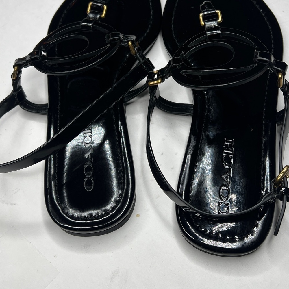 Coach Jeri 8.5 Black Patent Leather Thong Flat Sandals Adjustable Strap - Picture 3 of 11